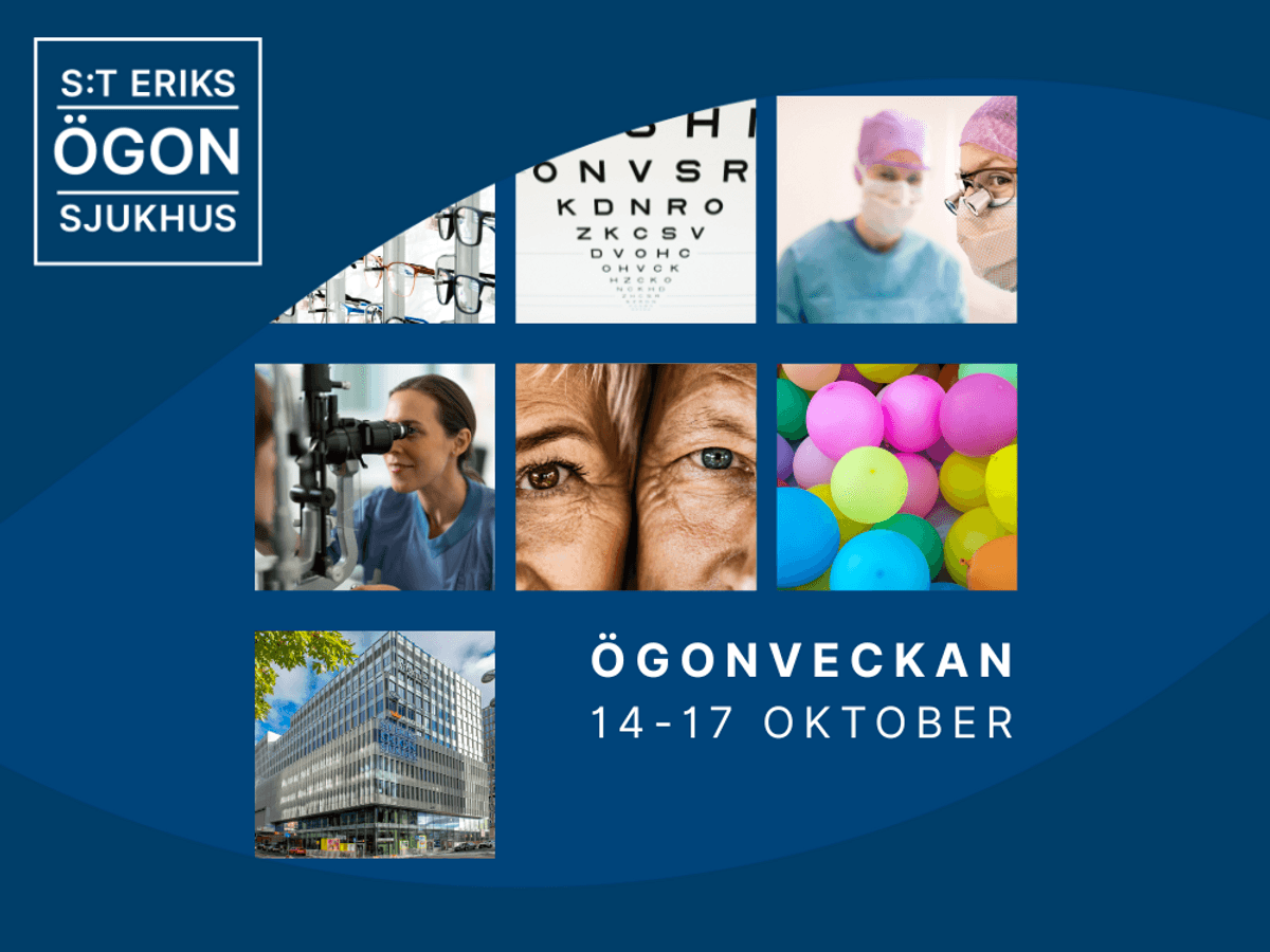 En bild som illustrerar evenemanget Ögonveckan. Högst upp till vänster syns S:t Eriks Ögonsjukhus logotyp. Sedan syns olika sex stycken bilder på glasögon, syntavla, två personer i operationskläder, en läkare som gör en synundersökning och tittar i ett mikroskop, två personer i närbild, ballonger och fasad på S:t Eriks Ögonsjukhus.