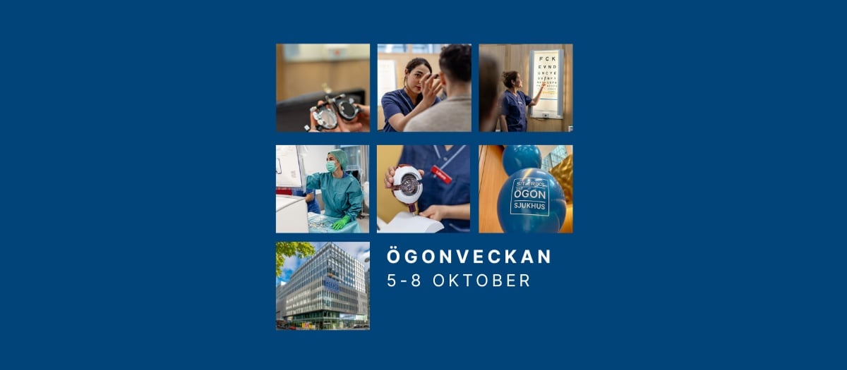 Ett kollage av 7 bilder med tillhörande text "Ögonveckan 5-8 oktober". I den första bilden upp till vänster syns ett par glasögon, den andra bilden är det en läkare som undersöker en patient, den tredje bilden pekar en undersköterska på en syntavla, bild 4, en operationssjuksköterska står framför en dator och pekar på en skärm. Bild 5, en läkare håller i en ögonmodell. Bild 6, syns blåa ballonger med S:t Eriks Ögonsjukhus logga. Bild 7, en bild på sjukhusets fasad.