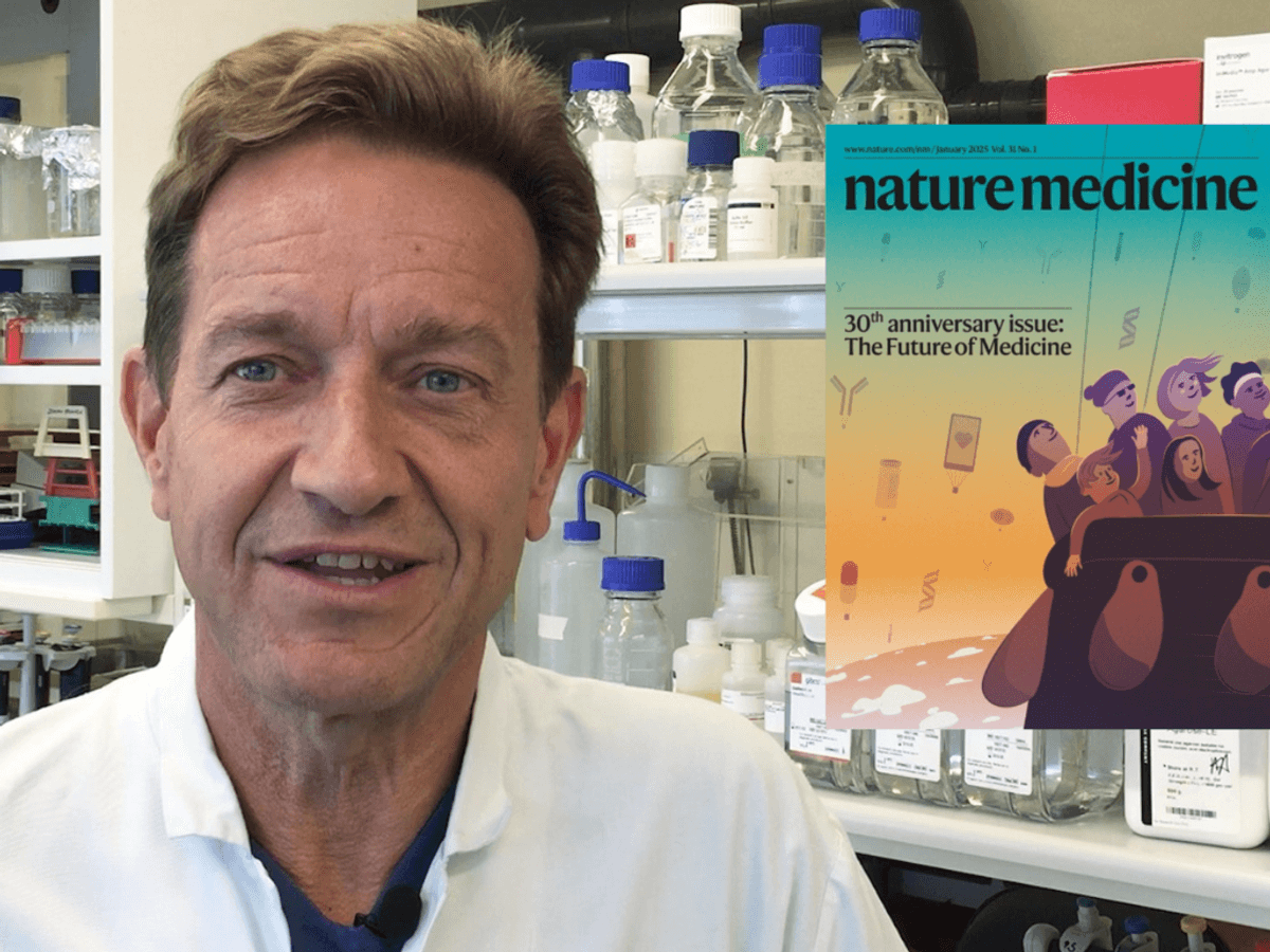 Anders Kvanta i vit labbrock tillsammans med omslaget till Nature Medicine.