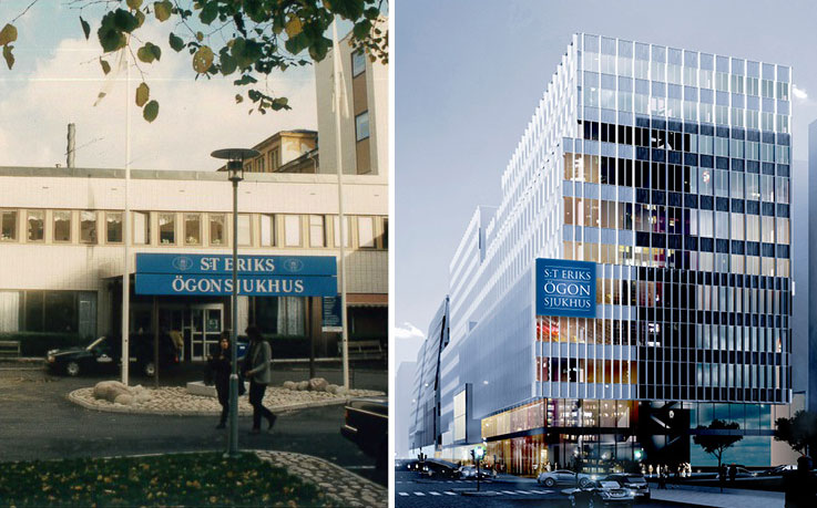 Fasaderna på gamla och nya S:t Eriks Ögonsjukhus.